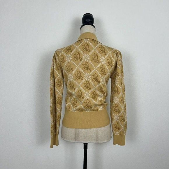 Simple Retro Yellow Floral Polo Contrast Collar Wool Knit Sweater Sz Small NWOT - Picture 3 of 11